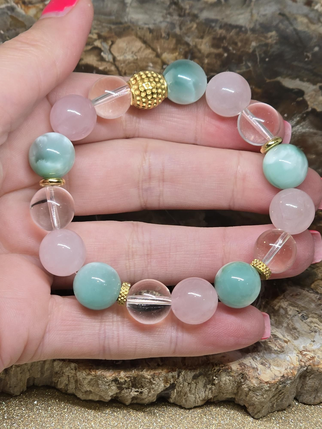 Bracelet Garniérite, Quartz rose, Cristal de roche XL en 1,2 cm