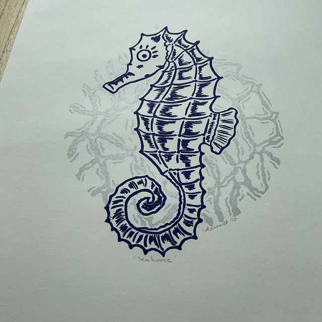 Seahorse 2 block Lino print