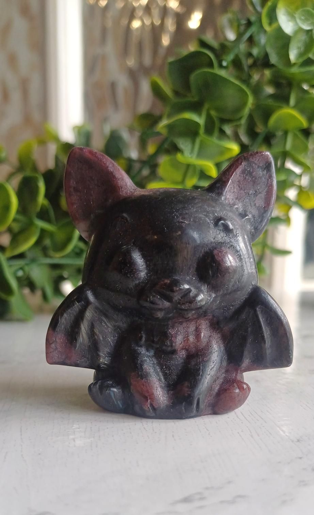 Garnet and Arfvedsonite Cute Bat Carving