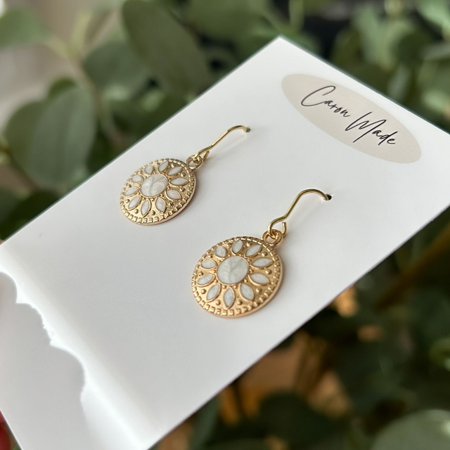 Gold and white floral boho style earrings