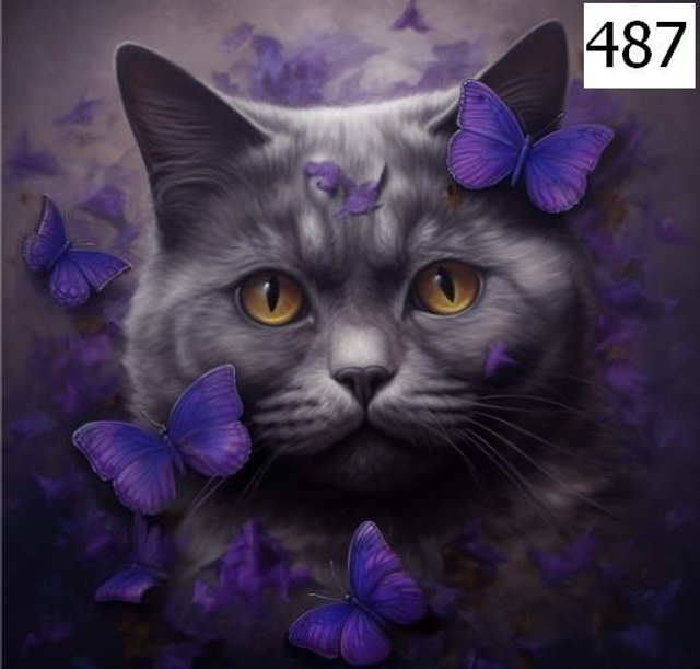 Panneau Chat gris papillons violest en Polyester imperméable - 39x39cm