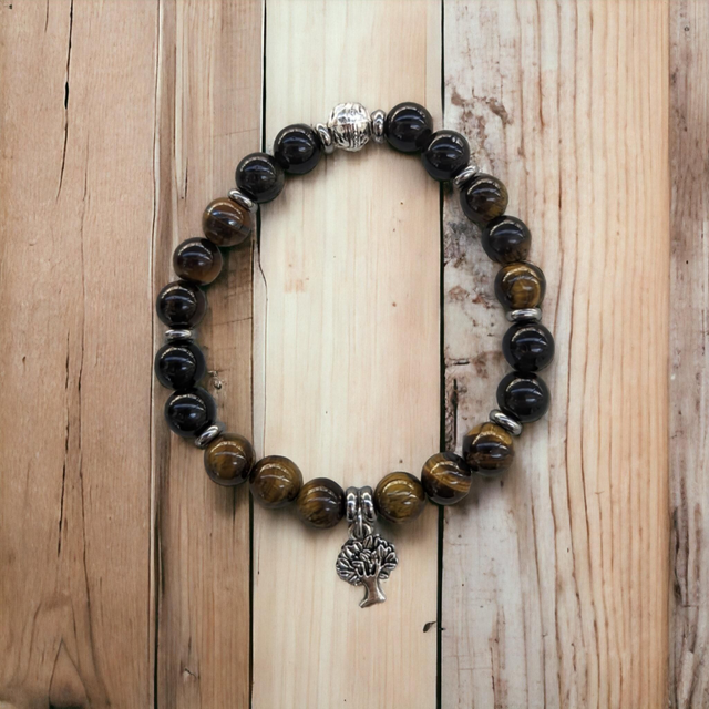 Ancrage/ Situation pénible/ Bracelet Œil de Tigre et Obsidienne noire dorée avec son arbre de vie 