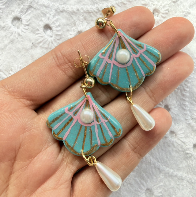 Turquoise Seashell Pearl Dangly Earrings