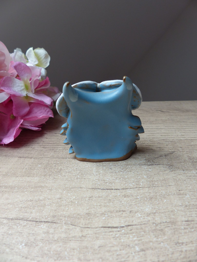 Céramique figurine hibou bleu, poterie hibou, figurine hibou artisanat, statuette hibou terre cuite, bébé hibou décoration collection