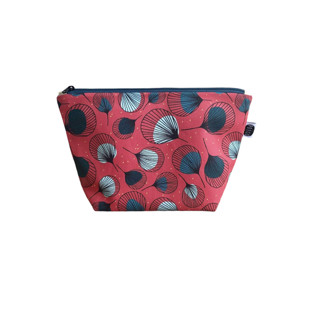 Trousse de toilette - tissu intérieur imperméable - PLUMES vertes fond rouge