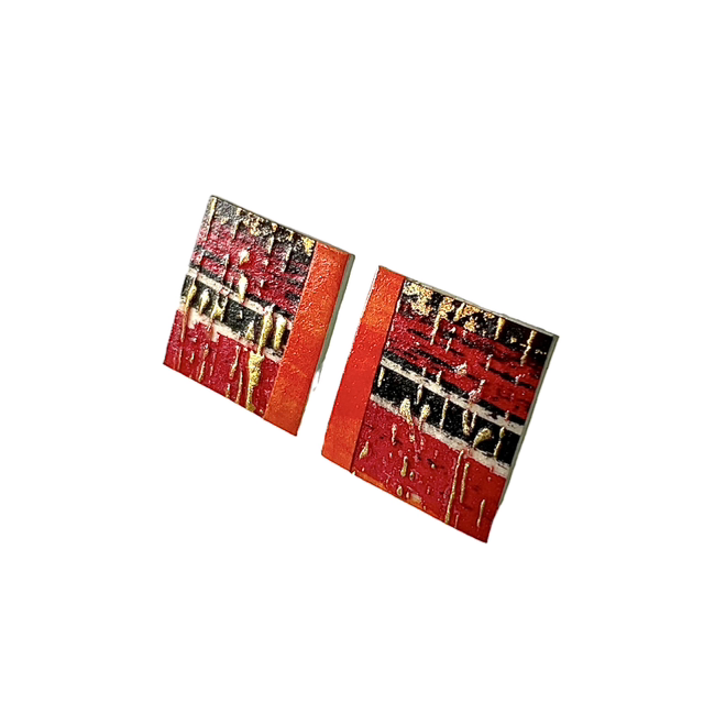 Red &amp; Black Splash Ear Studs. 20 x 20 mm