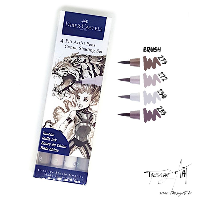 FABER CASTELL - SET 4 FEUTRES PITT ARTIST ENCRE CHINE GRIS BD COMICS - FB015