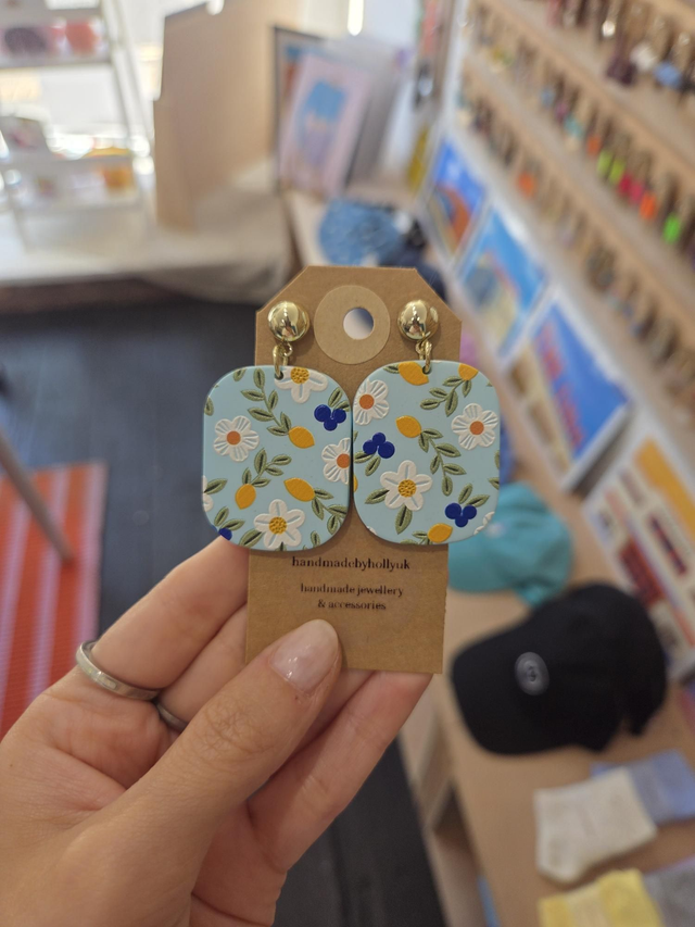 Lemon And Flowers Printed Blue Rectangle Acrylic Charm Drop Stud Earrings Gold Plated - HH-191