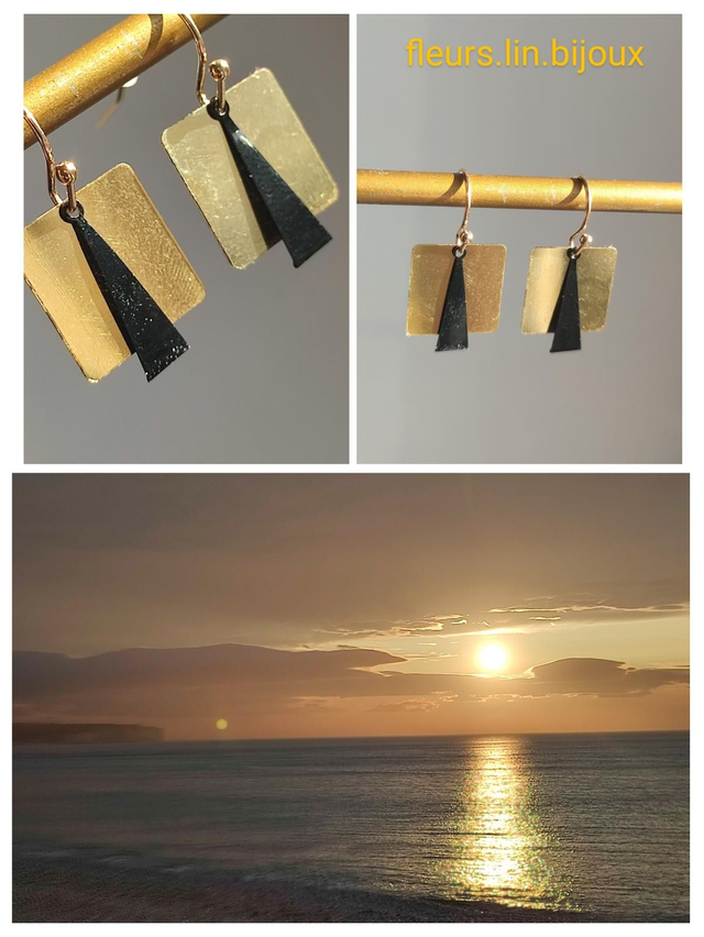 Z- Boucles d&#039;oreilles géométriques carrés dorés &amp; triangles noirs en acier inoxydable 