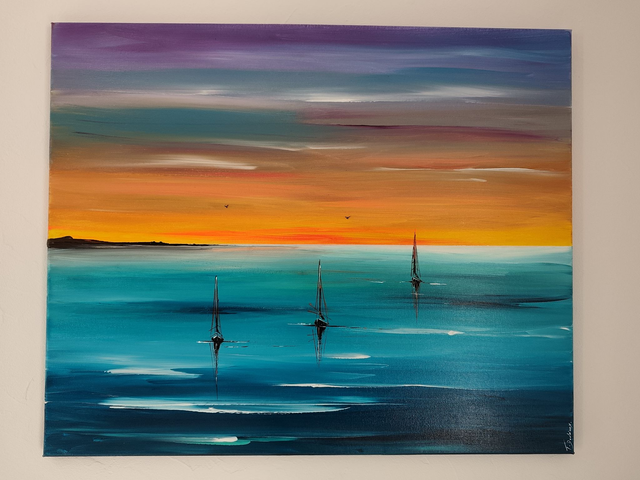 tableau Moderne abstrait - art contemporain - marine colorée bateaux voiliers