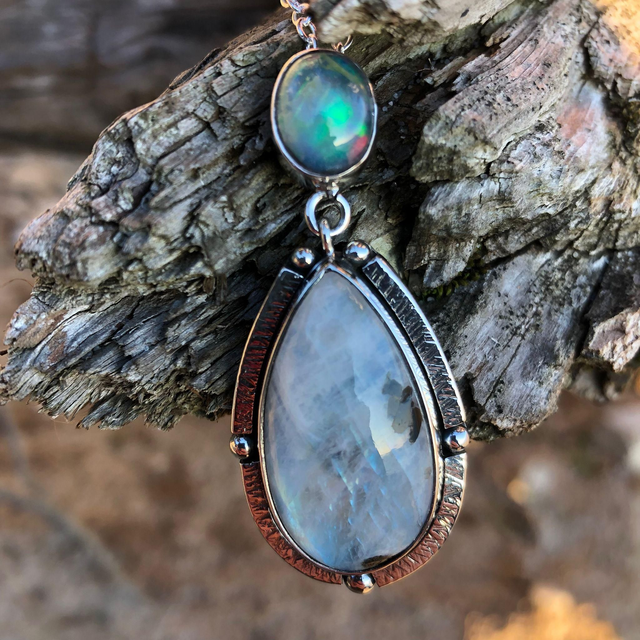 Pendentif Double Pierre en Argent : Opale Welo et Pierre de Lune