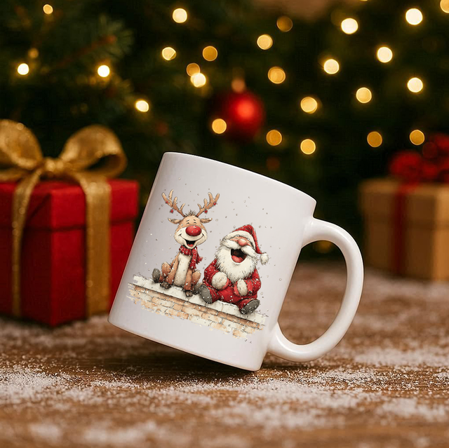 Vintage Santa &amp; Reindeer 11oz Ceramic Printed Mug Design 26