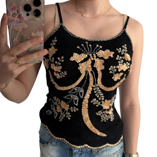 y2k black mesh beaded cami 