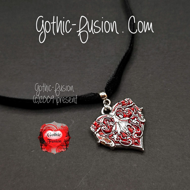 Gothic Black Velvet Choker with Red Heart Pendant 