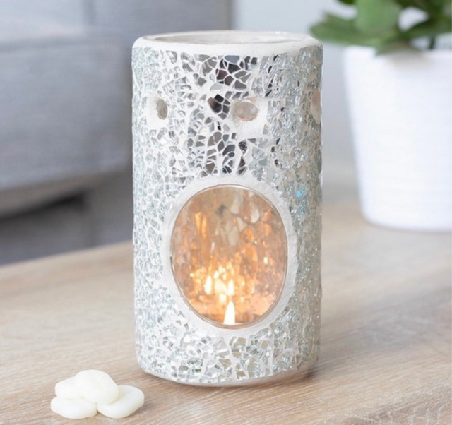 Silver Glass Crackled Effect Tealight Wax Burner 