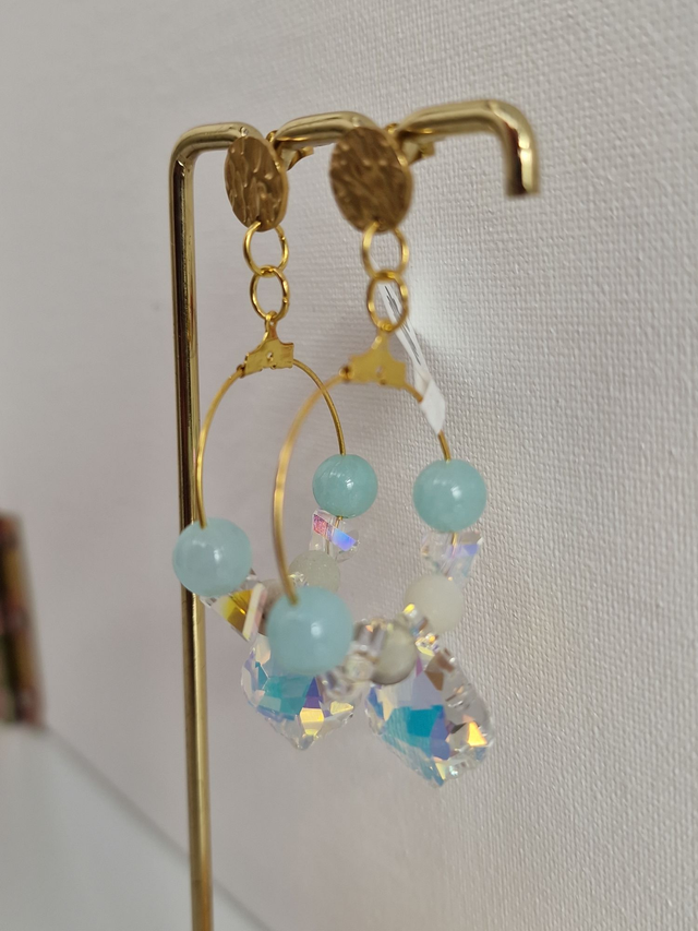 Boucles D'oreilles Acier Créoles Pierres Amazonite Bleu Cristal