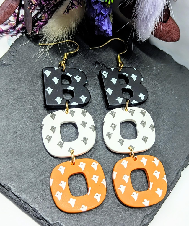 Acrylic &amp; Plated Stainless Steel Halloween Themed &quot;BOO&quot; Drop Earrings 