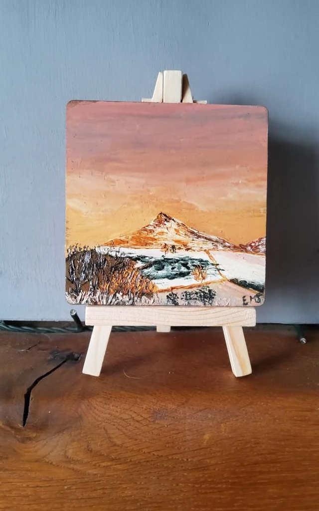 Roseberry Topping/ original oil palette knife painting on wooden coaster/ north york moors/ impressionist sunset art/gift for friend