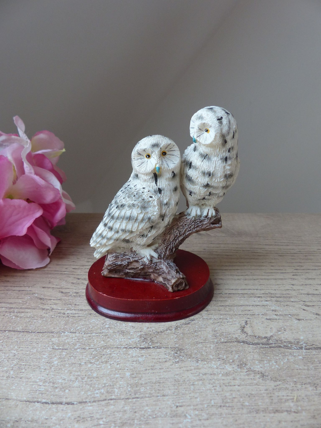 Figurine Vintage Couple de Chouettes Blanches des Neiges – Statuette Réaliste en Résine sur Socle, Déco Symbolique Amis ou Amoureux, Cadeau