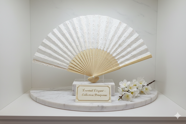Eventail tissu broderie anglaise et bois blanc