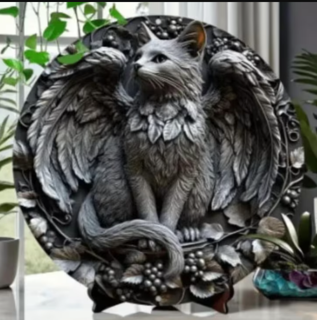 Vintage rond metalen bord Kat met Vleugels zilver (20cm)