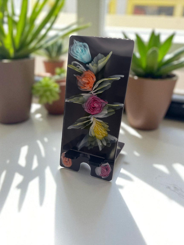 Black Resin Phone Holder – Multicolour 3D Bloom | Handmade in Bournemouth