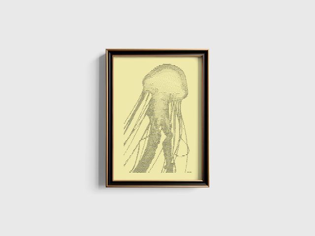 A3 Schreibmaschinenbild Qualle in Schwarz auf Elfenbein