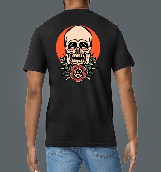 Traditional Tattoo Style Skull Black Soft Spun Patterned T-Shirt
