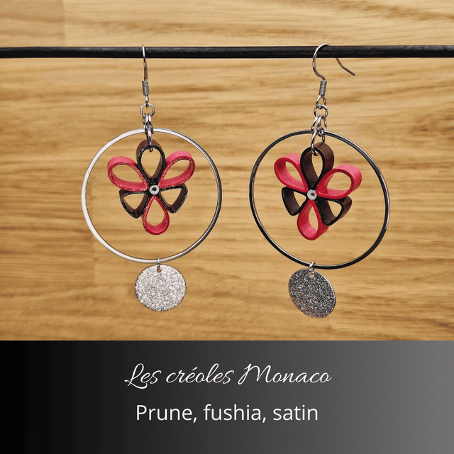Boucles d&#039;oreilles créoles Monaco - Prune, fushia, satin