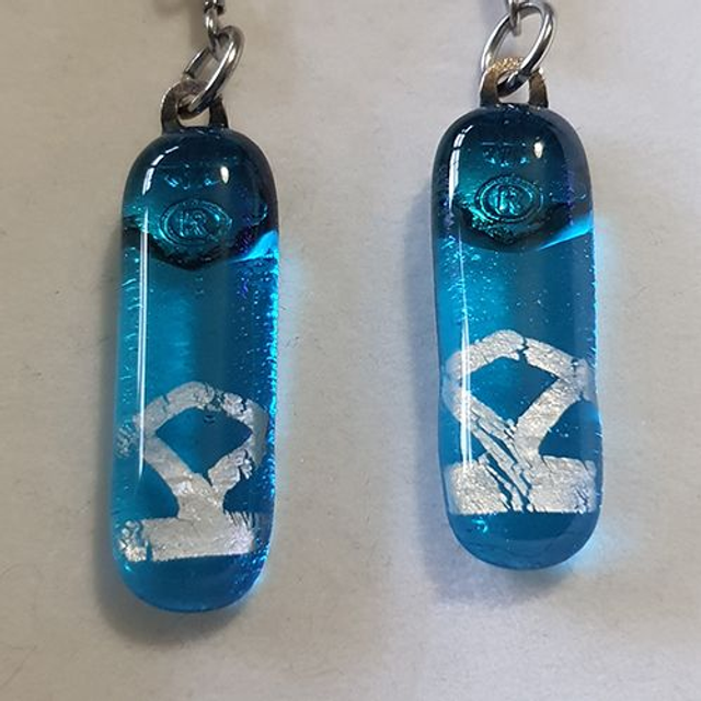 aqua blue fused glass dangly earrings with silver design e64