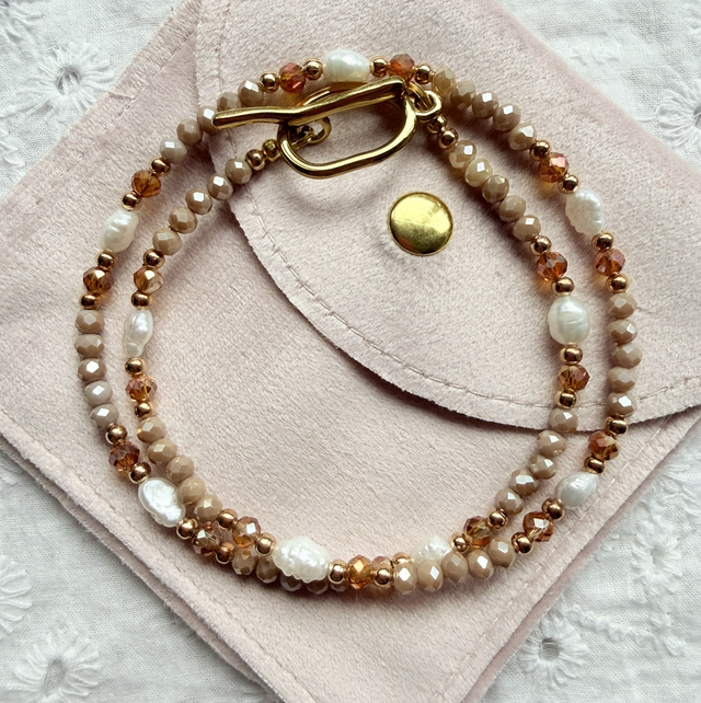 CAMILLE - Mocha Brown and Pearl Beaded Toggle Necklace
