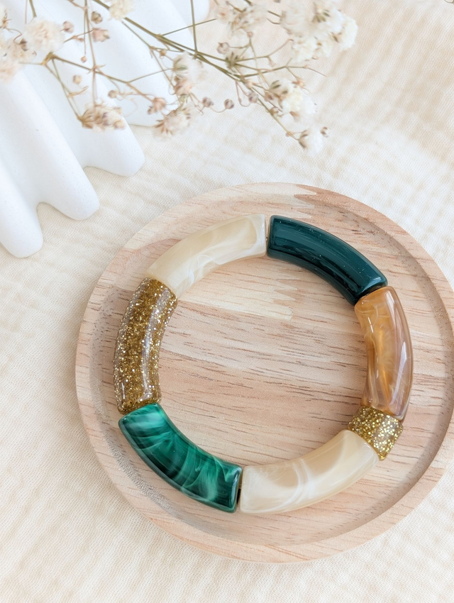 Bracelet jonc Mona vert forêt ambre glitter