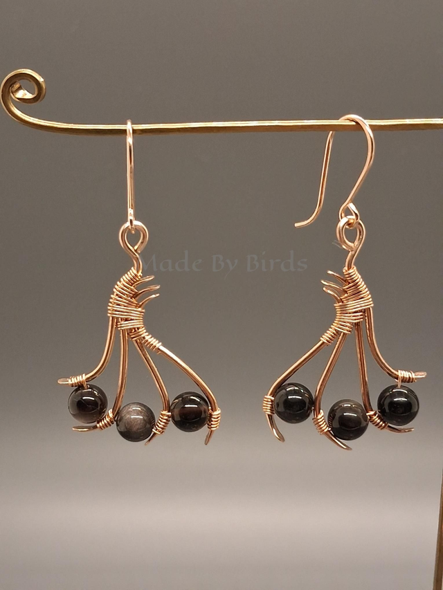 Artisanal Bronze Wire Weave Earrings featuring Silver Sheen Obsidian Beads and Hand-Forged Wires