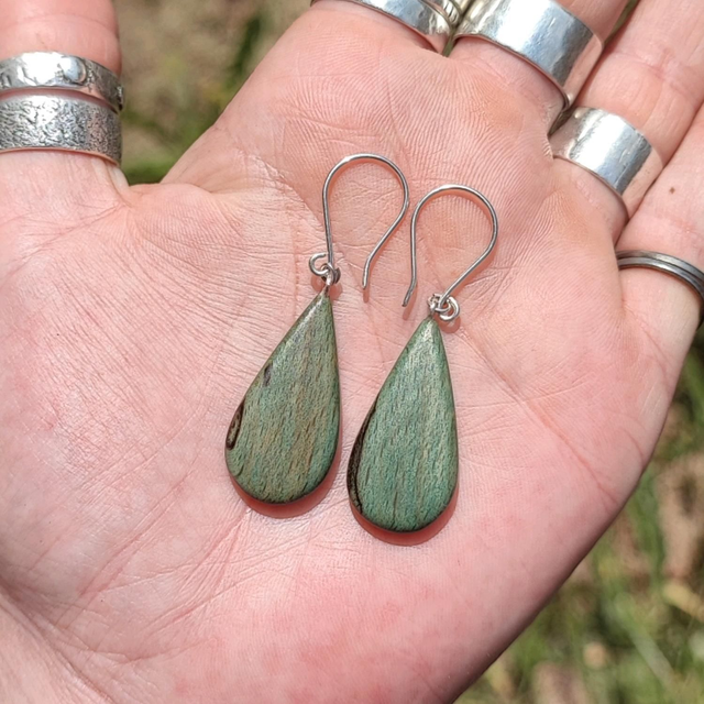 Boucles d'Oreilles en Bois de Hêtre Échauffé stabilisé vert et Argent