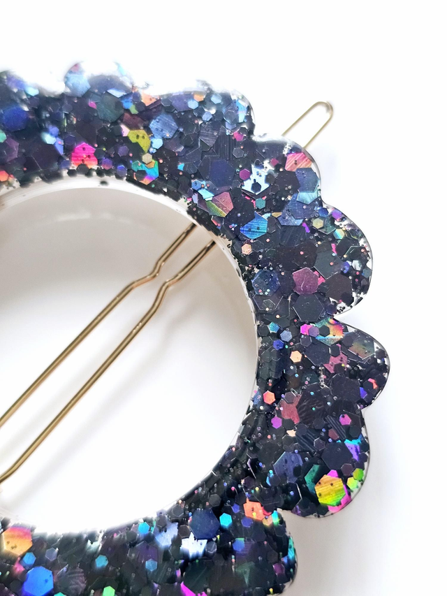 BARRETTE FLEUR CONFETTIS PAILLETTES HOLOGRAPHIQUES NOIRES