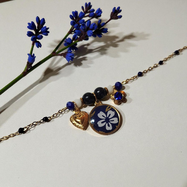 bracelet acier inoxydable motifs japonais bleu foncé diré