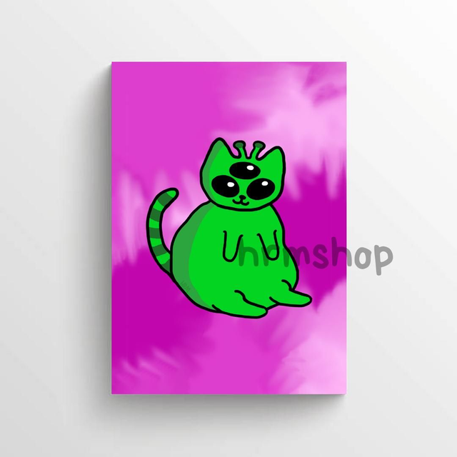 Green Alien Cat (Pink Background) Art Print 6x4" Unframed 