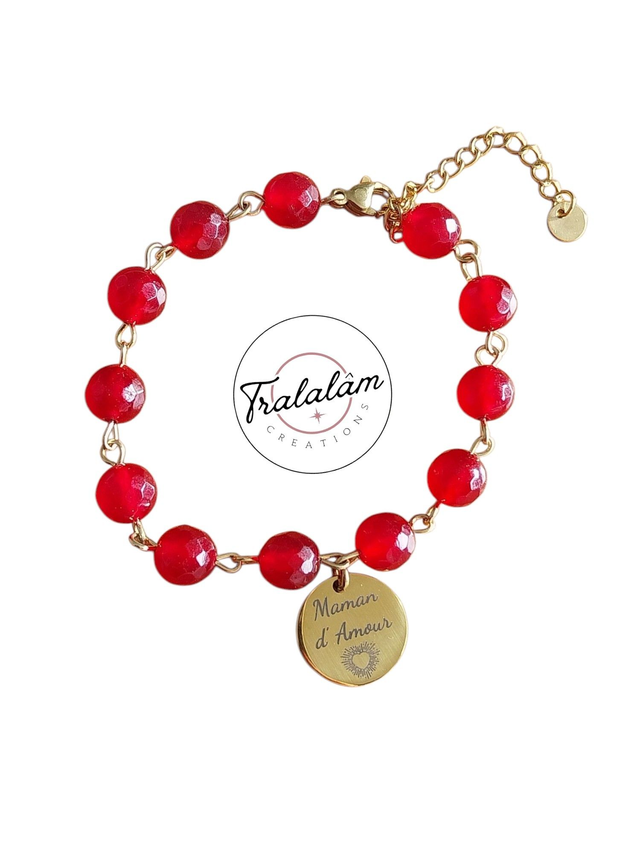  ✨Bracelet "Maman d'Amour" clous en perles rouges en calcédoine✨