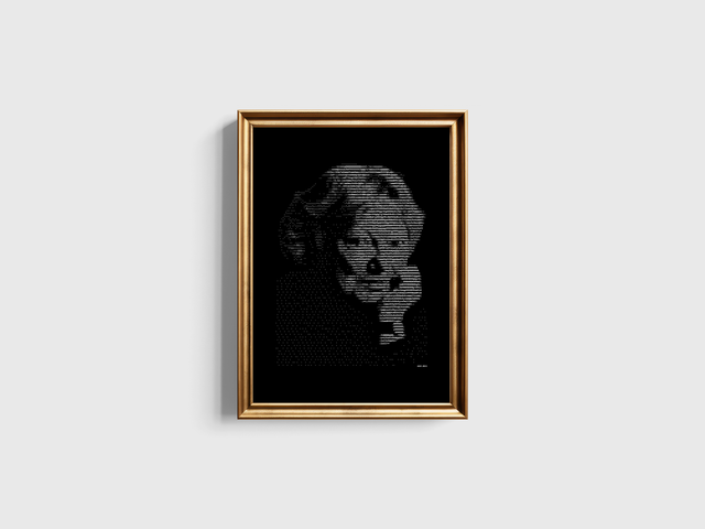 A3 Schreibmaschinen-Porträt Inger Christensen in Weiß auf Schwarz