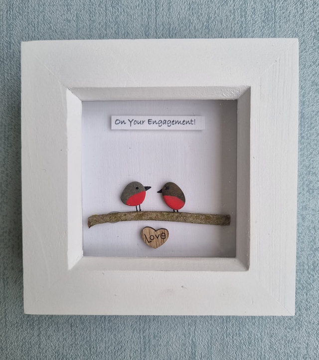 Irish, Handcrafted, Personalised, Pebble Art Picture with Robins &#039;On your Engagement&#039;