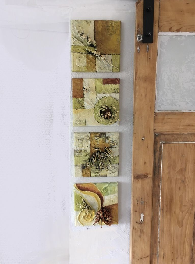 Eitempera-Vierteilige Serie „Zeit der Besinnung I-IV“ Eitempera und Palettennägel auf Leinwand je 20x20cm