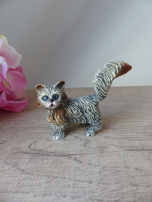 Figurine chat en métal d'art, sculpture chaton angora en métal , chat à collectionner, décoration intérieure, vintage