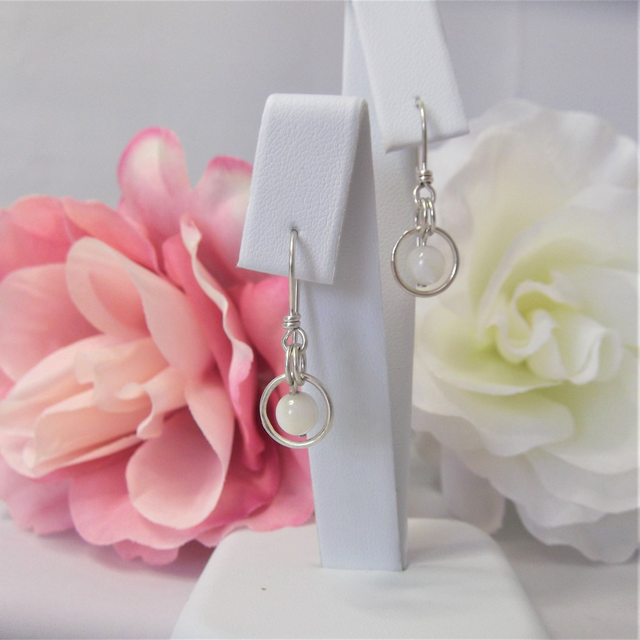 Mother of Pearl gemstone dangle earrings with bead in a ring of recycled silver