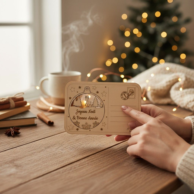 Carte postale avec boule de Noël en bois, gravée et personnalisée - décoration de sapin, déco Renne