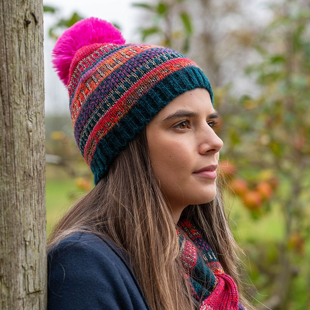 Blue and Pink Fair Isle Bobble Hat