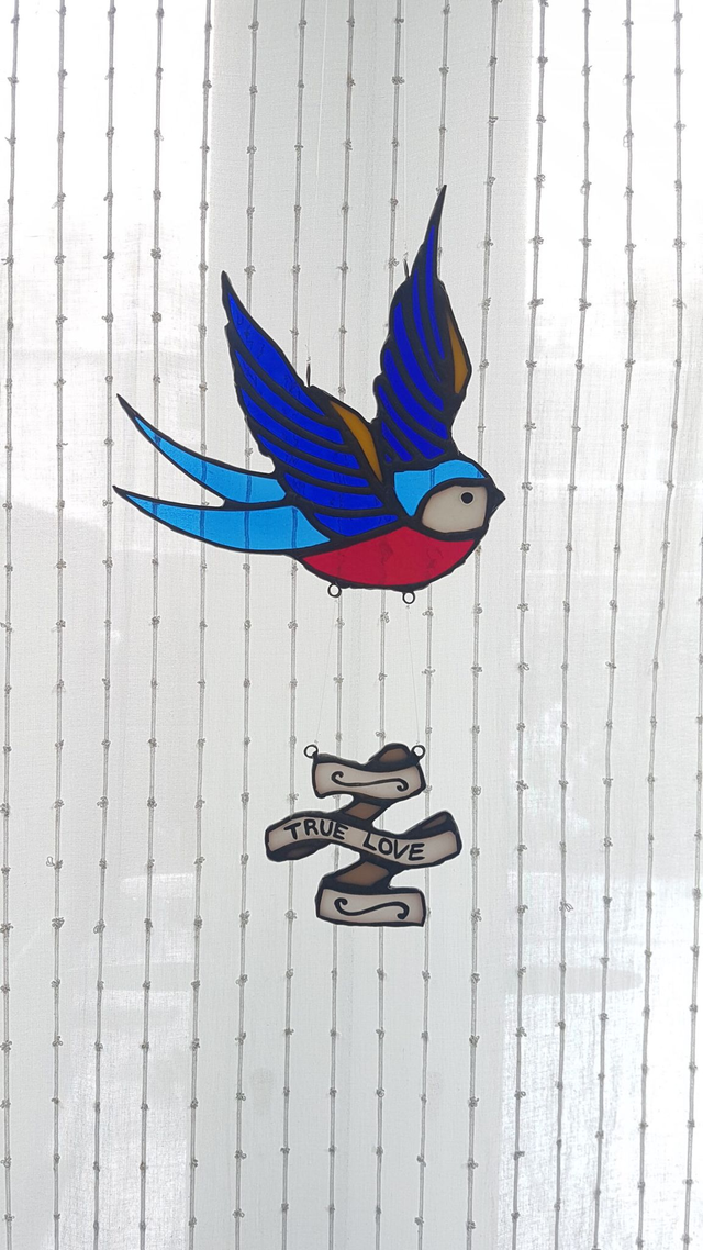 Traditional Swallow Tattoo Inspired Copper Foiled Glass Decoration with True Love Banner