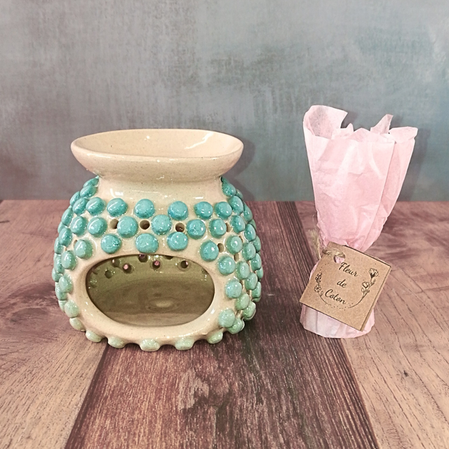 Brûle-Parfum turquoise &amp; son Fondant "Fleurs de Coton" 