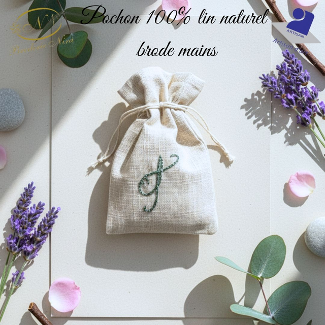 Pochon en Lin Brodé Main – Initiales &amp; Trésors – Artisanat d'Art