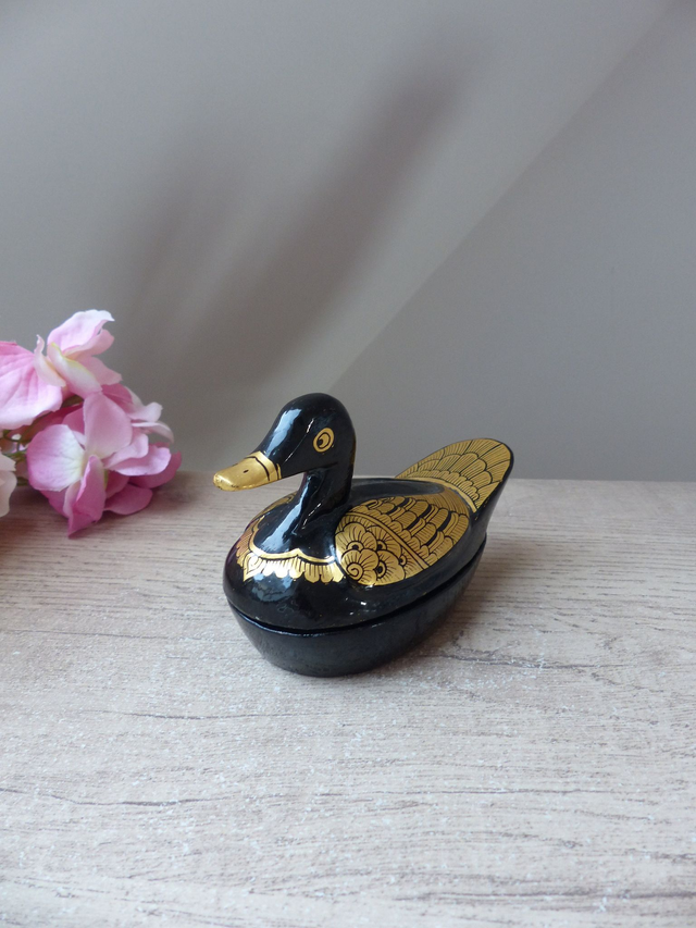 Vintage Boite Canard, boîte de bibelots, boite à bijoux canard noir et or, boîte de canard laqué, figurine canard noir, décoration chambre