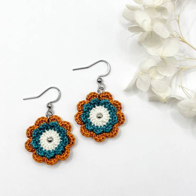 Boucles d’oreilles fleurs Corolles ~ M ~ Bleu canard / Terracotta